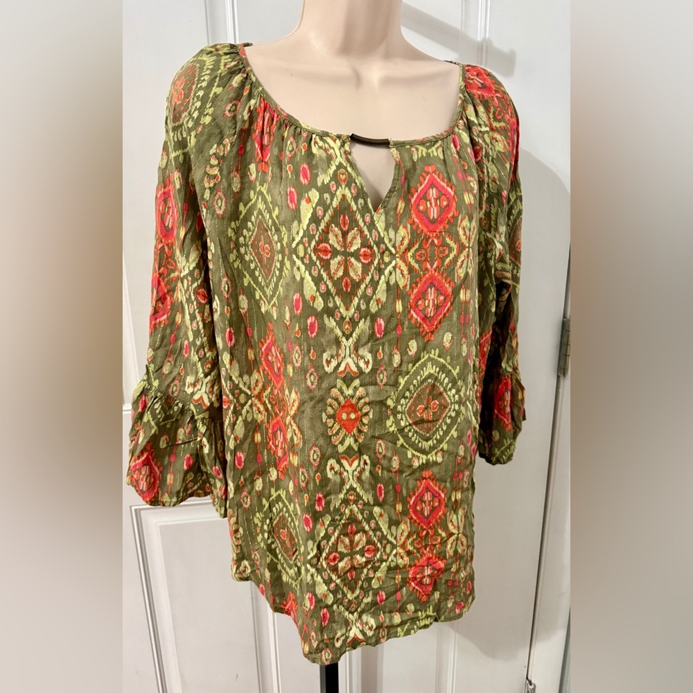 Ruby Rd. Olive and Coral Patterned Pullover Blouse Boho‎